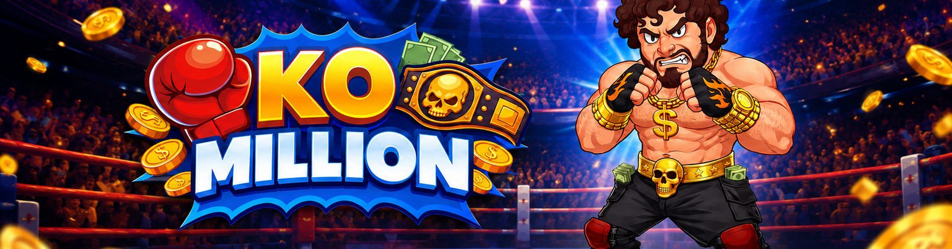 Banner for the KO Million game by InOut Games: a boxer on guard in an arena ring under a shower of gold coins