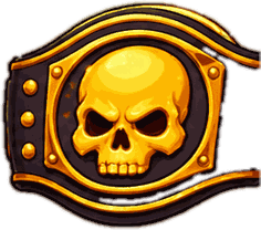 Black and gold champion belt stamped with a skull